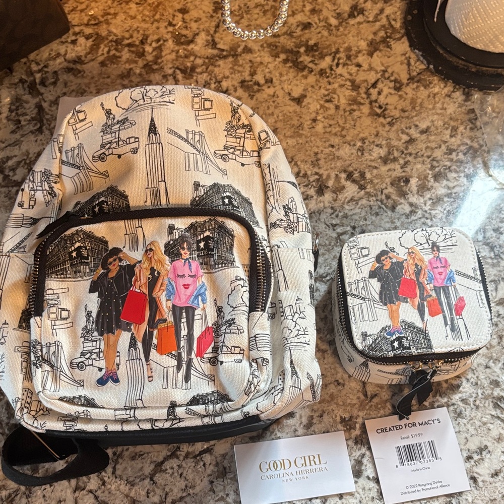 Carolina Herrera Cream Canvas Backpack with Fashion Illustration Print
